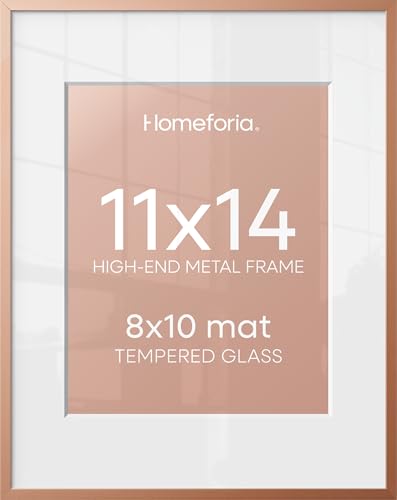 Image of Homeforia 11x14 Picture Frame Rose Gold, High End Metal 11x14 Wall Hanging Frame with Mat 8x10, 11 x 14 Poster Frame Matted to 8 x 10 inch Photo, 11by14 Thin Frames, Tempered Glass, Wall Kit, Set of 1