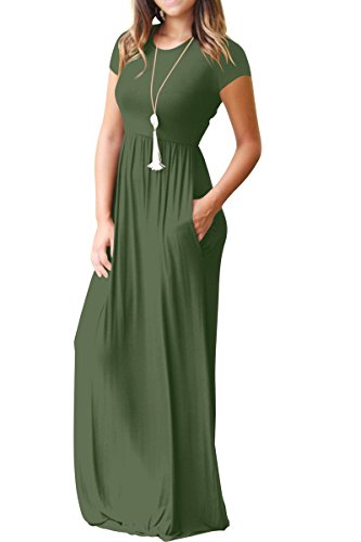 GRECERELLE Women's Short Sleeve Loose Plain Maxi Dresses Casual Long Dresses with Pockets Army Green S