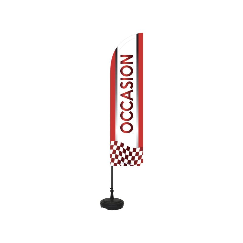 Drapeau "OCCASION" de dimensions 255 x 60 cm avec son Kit socle plastique et mât