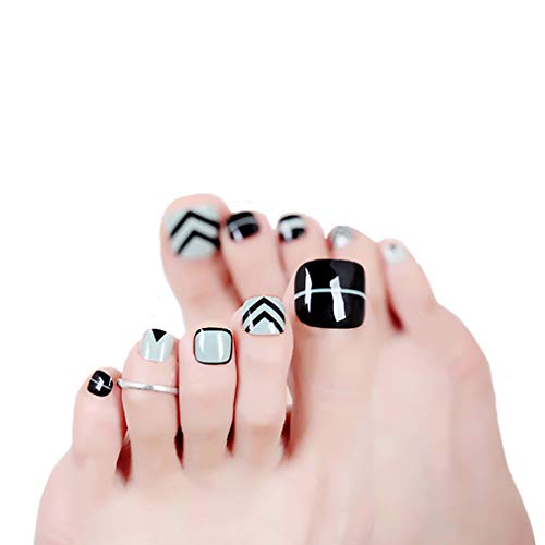 MISUD Square Fake Toenails Short Glossy Light Green and Black Geometric Line Press-on False Toe Nails Unique Style Acrylic Toe Nails for Women and Girls