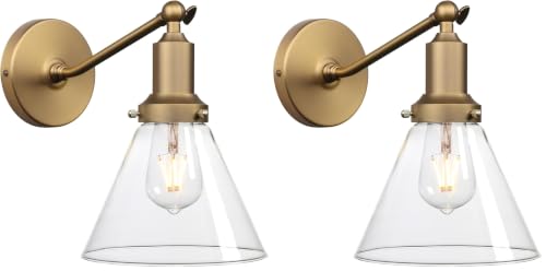 Image of PERMO Industrial Vintage Slope Pole Wall Mount Single Sconce with Funnel Flared Clear Glass Shade Wall Sconce Light Lamp Fixture Hardwired (Antique Gold) (Pack of 2)
