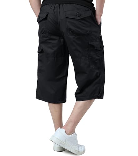 EKLENTSON Cargo Shorts for Men Below Knee Casual Long Shorts for Men Loose Fit Cotton 3/4 Capri Pants with 7 Pockets, Black, 36