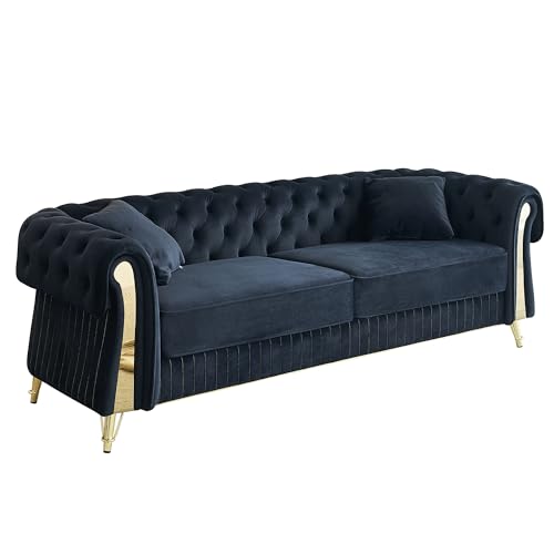 Image of KEIKI 89 inch Chesterfield Velvet Button Tufted Sofa with High Density Foam Cushions and 2 Toss Pillows, Modern Style 3-Seater Couch with 4 Gold Metal Leg, Easy Assembly, for Living Room, Apartment, Black