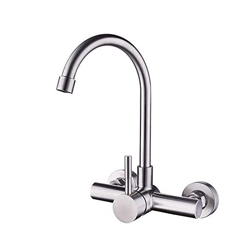 Mitigeur mural inox SUS eau chaude froide pour vasque double trou avec flexible rotatif 360°
