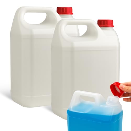 Garrafa bidón plástico 5 litros, Apto Para Uso Alimentario Y Químico, Homologado para transporte ADR de mercancías peligrosas, 13 cm ancho x 18 cm largo x 29 cm alto, 2 Unidades