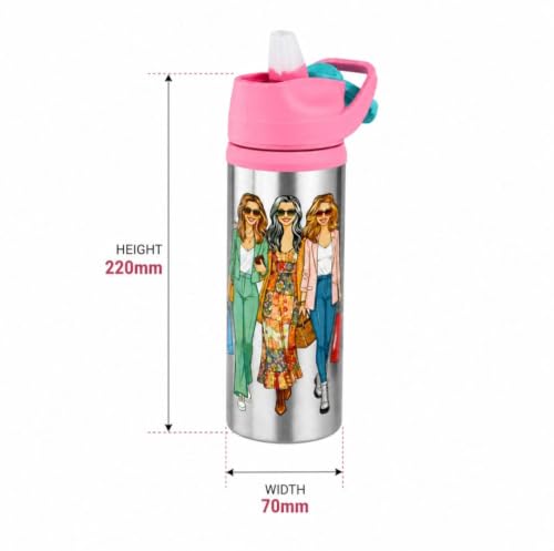 Image of Stainless Steel 600ML Sipper Water Bottle for Kids & Adults | Leakproof BPA-Free Bottle with Flip Lid & Carry Handle | Trendy fashion Print Design (Pack of 1, Pink)