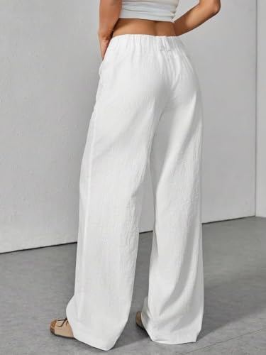 Image of GRECIILOOKS Beige Wide Leg Linen Trousers for Women | High Waist Cotton Baggy Korean Style Casual Pants | Comfortable Formal & Casual Women Trousers