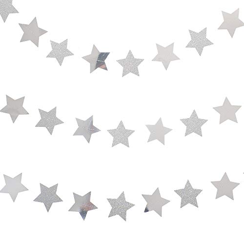 Weven Silver Glitter Star Garland Reflective Paper Party Streamers Twinkle Star Banner Backdrop For Wedding Baby Shower Nursery Graduation Party Decoration Supplies, 3" In Diameter, 20 Feet In Total #TOP1