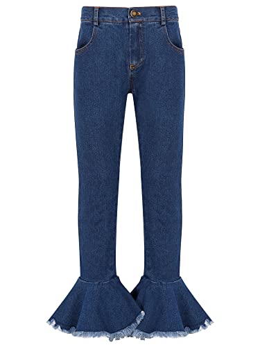 Kids Girls Ripped Flare Jeans Raw Hem Vintage Elastic Waist Bell Bottom Trousers Casual Denim Leggings Pants