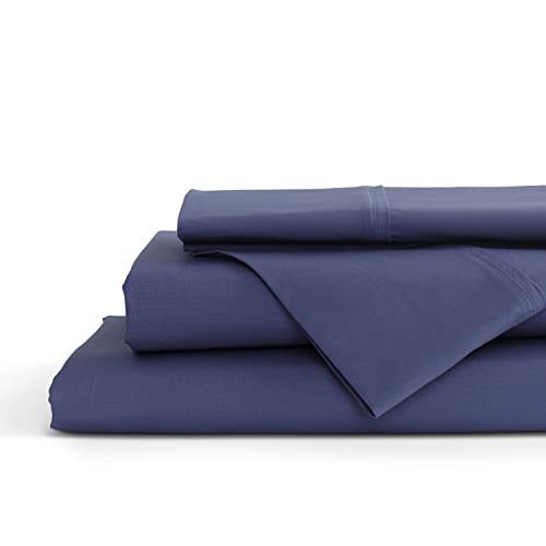 Image of Linen Home 4 Piece Twin Cotton Sheet Set, 100% Cotton Percale, 2 Pillowcases, Deep Pocket with All Around Elastic Sheet, Crisp Breathable Bedding, Hotel Luxury, Long-Staple Combed Cotton, Dark Blue