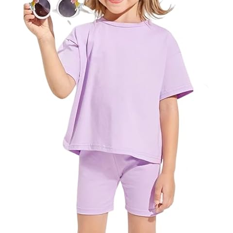 ROMPERINBOX Toddler Summer Outfits for Girls Solid Crewneck Top T-Shirt & Biker Shorts Set 2 Piece Tracksuit Size 2-7 Years(Purple, 4-5T) Cover