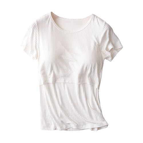 Camiseta de maternidad para mujer, manga corta y cuello redondo lateral, color liso, camiseta de lactancia, blusas de lactancia para mujer, para Navidad, Blanco, M