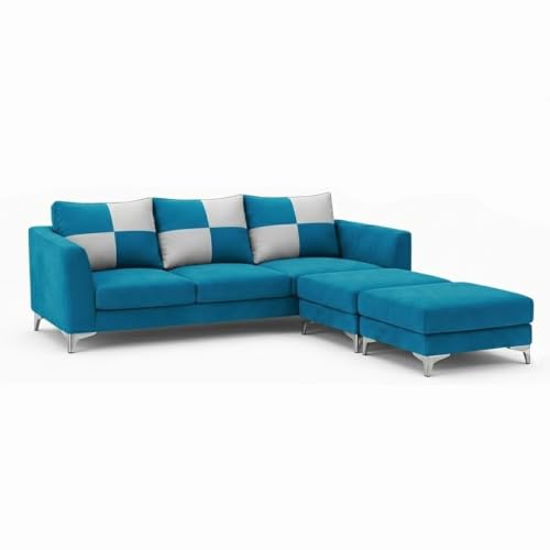 Image of Romeo 5 Seater L Shape Sofa Set with 2 Movable Ottomans | Flexible Layout | Rich Velvet Suede Fabric | Silver Legs | Modern Sofa for Living Room (Aqua Blue Color)