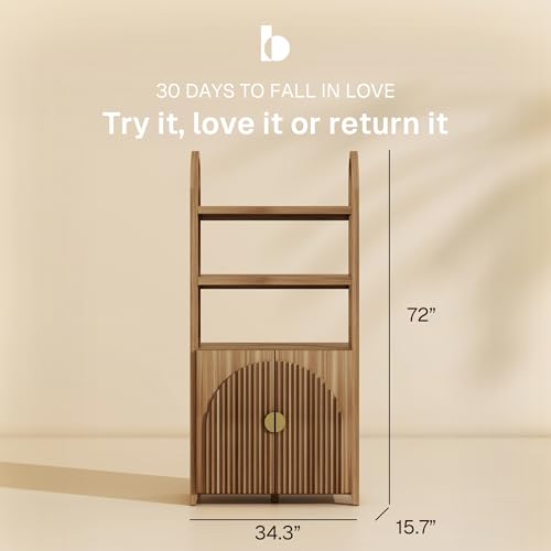 BELLEZE Book Shelf 72" Tall Arched Bookcase with Storage, 5 Tier Mid Century Modern Fluted Bookshelf with Doors, Modular Bookshelves for Living Room Office Library (Caramel Brown) - Image 3