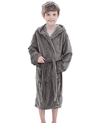 Kids Robe Children's Winter Soft Plush Hooded Outdoor Bath Robe with Pockets,Grey,XL