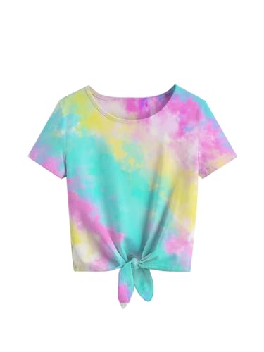 Image of Girls Tie Dye Shirts Short Sleeve T-Shirt Casual Tie Hem Tee Tops Size 5-12 Years