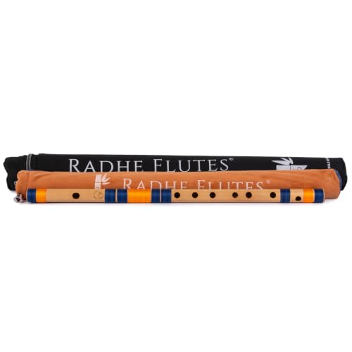 Image of Radhe Flutes Bamboo Bansuri C Sharp Right Handed Middle Octave (18 inch) With Hard Cover (Beige Flute With Dark Blue & Orange Threads)