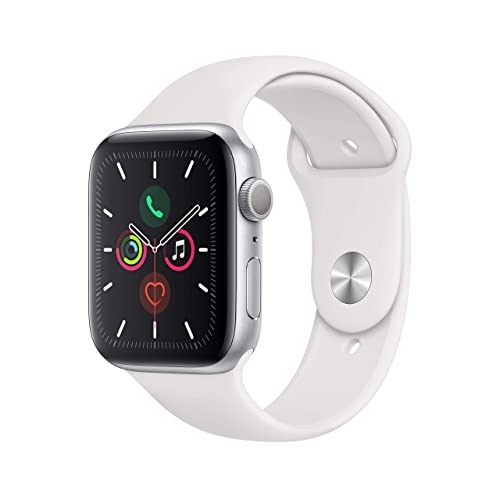 Apple Watch Series 5 (GPS, 44mm) - Silver Aluminium Case with White Sport Band (Renewed)