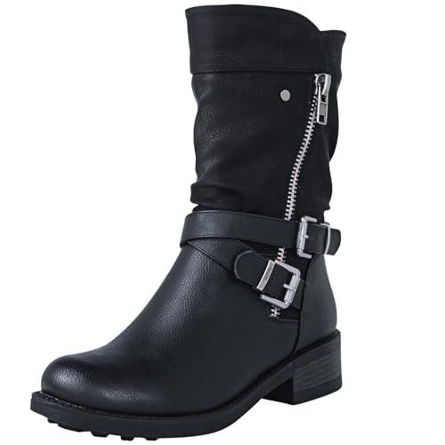 GLOBALWIN Women's Mid-Calf Boots Round Toe Zip-Up Slouch Booties with Buckle Strap Casual Spring Fall Winter Black Boots For Women With low Heel Comfortable For Walking Size 6.5M - image 1