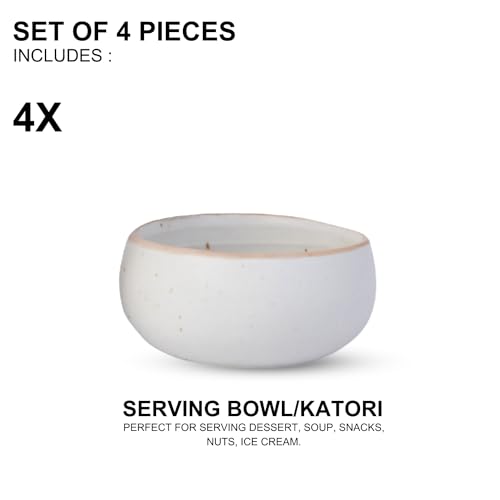 Image of Freakway Hand-Painted Cream White Matte Finish Ceramic Small Bowl Set of 4 (150ml) | Small Serving Soup Bowls, Cereal Bowl, Pasta Bowls | Dishwasher & Microwave Safe - Off White