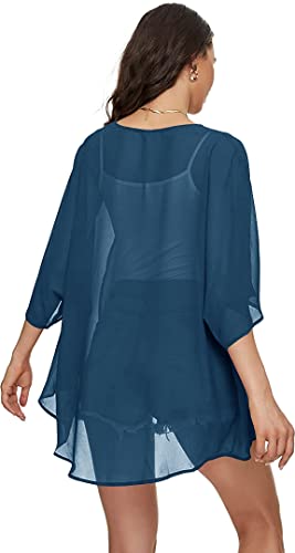 Image of Indian Trendy Women's Solid Puff Sleeve Kimono Cardigan Loose Cover Up Casual Blouse Top Chiffon