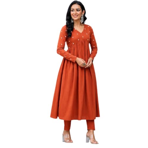 Image of Women's Long Kurta Set with Pant Polka Dots, Embroidered, V-Neck Empire Waist, Full Sleeves