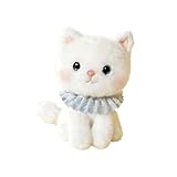 JORCEDI Katze Kuscheltier, Süßes Katze Plüschtier, Realistic Plüschkatze Stofftier, Niedliche Katzenpuppe mit Spitzen-Schal, Geschenk für Jungen & Mädchen (25cm,Weiß)