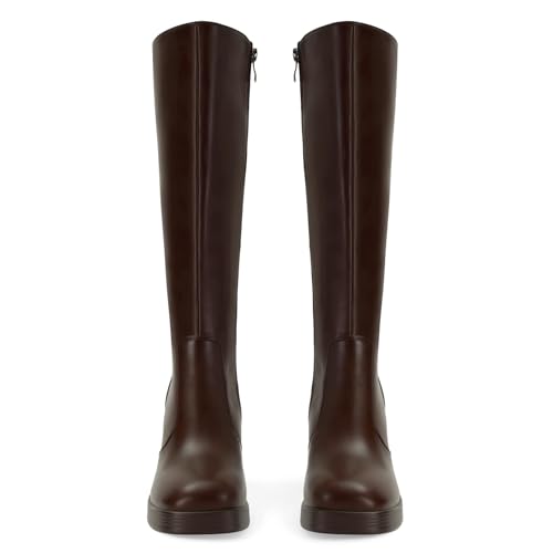 Image of SOVANYOU Black Leather Boots Platform Boots for Women Fashion Square Toe Chunky Block Heeled Boots Side Zip