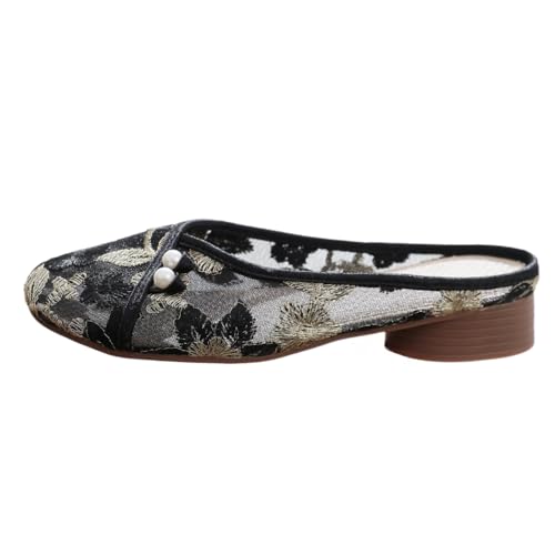 Chinese Slippers for Women Embroidered Mules Mesh Pearl Slip on - Retro Trendy Cute Casual Comfortable Walking Beach Travel Lightweight Running Standing All Day Business Office Driving Birthday Gifts