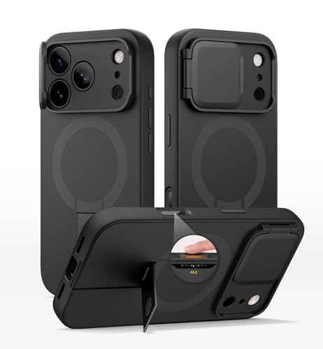 SURITCH Magnetische hoes compatibel met iPhone 17 Pro, stootvast telefoonhoes, krasbestendige beschermhoes met camera-bedieningsknop, camera-afdekking en verstelbare kickstand, zwart