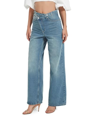Women's Asymmetric High Waisted Wide Leg Jeans, Zipper-Button Closure Denim Pants
