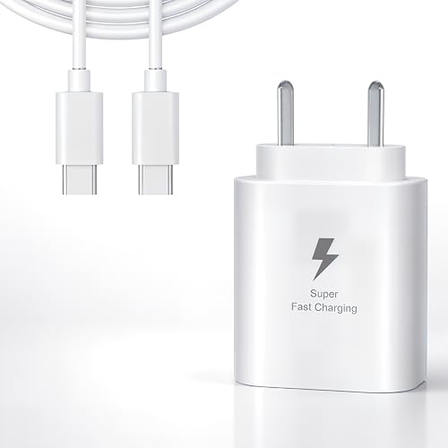 Image of MAK 25W Charger with Cable for Samsung Galaxy M14 5G Charger Adapter Compatible with Galaxy M14 Charger, 25 Watt USB Type C to C Pd Charging Adapter C Type, White
