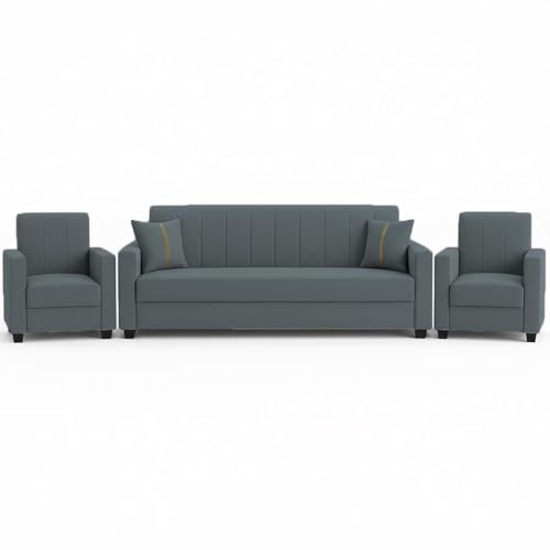 Image of FURNY Cosmos 5 Seater Fabric 3+1+1 Sofa Set (Dark Grey) Premium Velvet Finish | Durable Comfort | Ideal for Living Room, Office