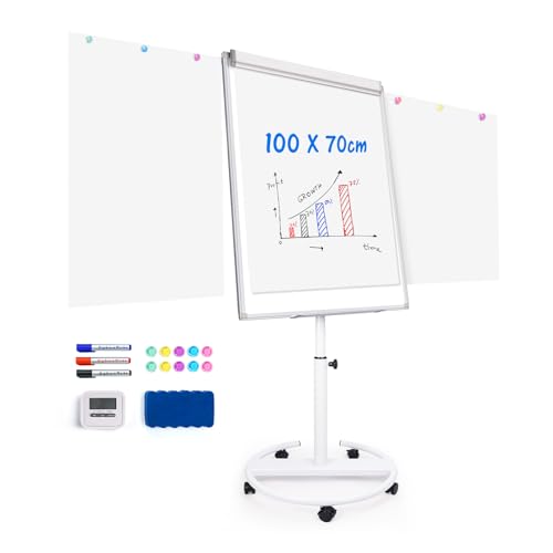 maxtek Flipchart Ständer 100x70 cm Whiteboard mit Seitenarmen Magnetisches Aluminiumrahmen Flipchart Papier Höhenverstellbar Mobil Flipcharts bei Schulung Seminar