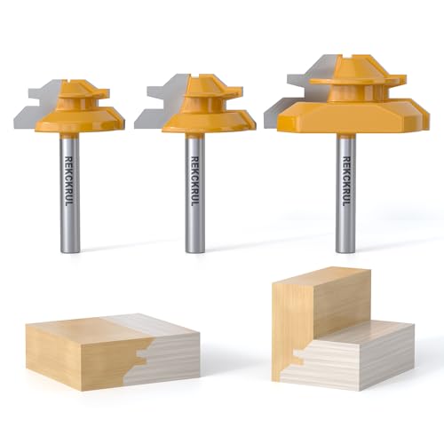 REKCKRUL Professional 3 PCS 45 Degree Lock Miter Router Bit Set - Carbide Tipped, 1/4
