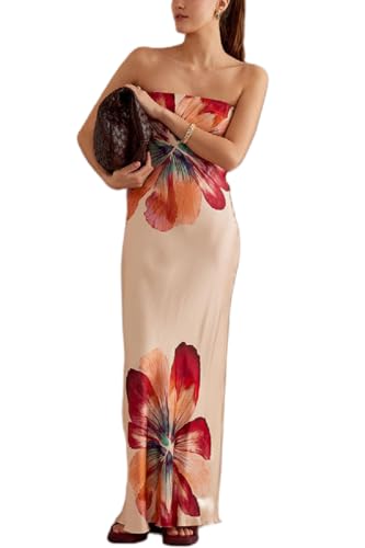 Image of Women Floral Strapless Maxi Dress Y2K Bodycon Tube Long Dresses Sexy Party Formal Cocktail Beach Slit Dress