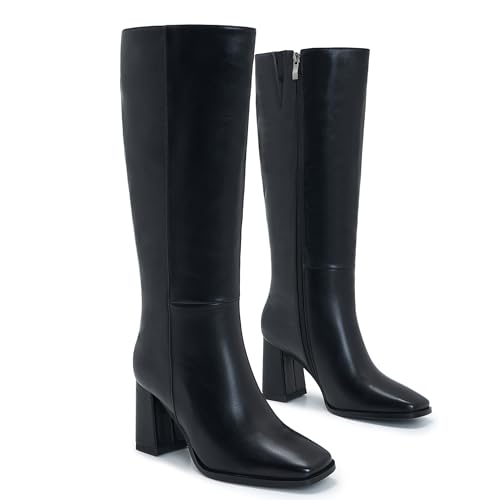 Wide Calf Knee High Boots for Women – Tall Fashion Boots with Side Zipper, Square Toe, Chunky Heel, Faux Leather Long Boots3