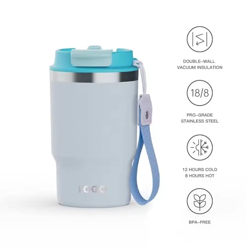 Image of YELONA 480 ML Double Wall Insulated Travel Coffee Tumbler Mug Sipper Thermos with 2in1 Flip Up Leak Proof - (Baby Blue)
