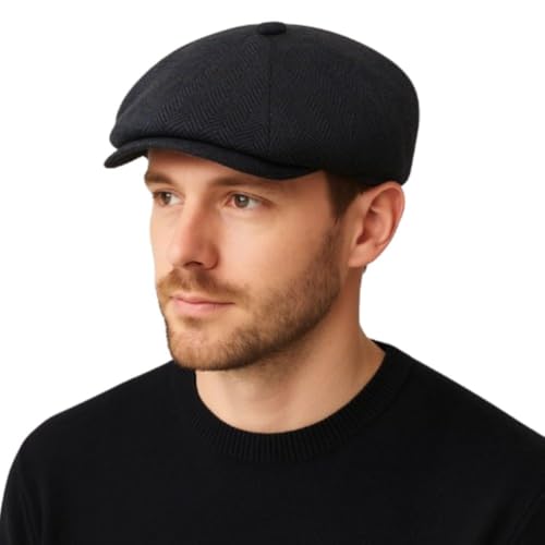 Navy Blue Herringbone Newsboy Cap Men's Baker Boy Hat Style 8 Panel Scally Lined Wool Blend