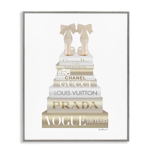 Image of Cream Bow Heels Glam Bookstack, 16 x 20 Inch Framed Giclee Print | Stupell Industries | Gray, 16 x 20 Inches, Easy to Hang and Sturdy, Made in USA, by Amanda Greenwood