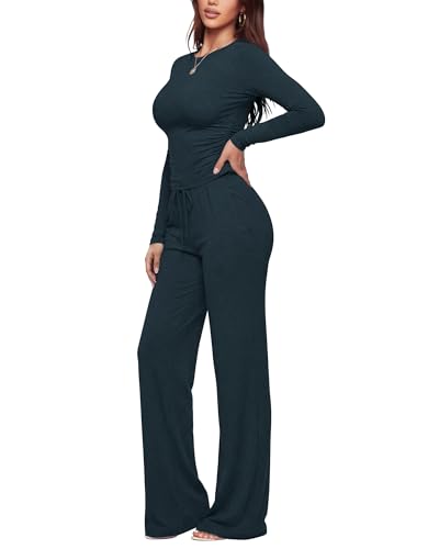 Image of ZOOSIXX Lounge Sets for Women - 2 Piece Outfits Crop Tops with Fold Over Flare Leggings Fall Loungewear Fitted Pajama