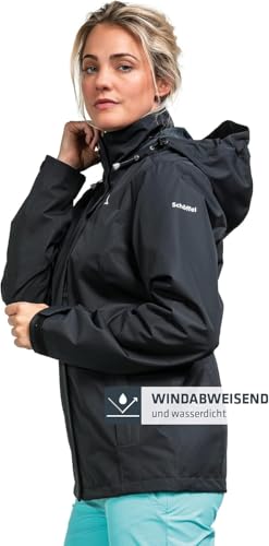 Schöffel Damen Jacket Gmund L, wind- und wasserdichte Regenjacke, atmungsaktive Outdoor Jacke, Wanderjacke mit verstaubarer Kapuze, black, 36