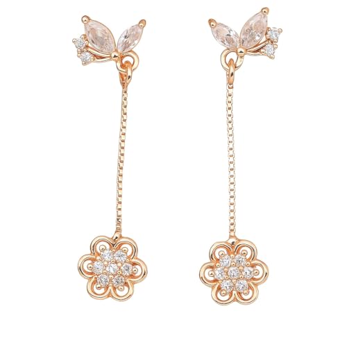 Image of Nilus Collection Rose Gold Plated Heart Design Dangling Earrings with American Diamond Stones For Women And Girls | Gift For Her | Rose gold wedding gift |Romantic gift for women
