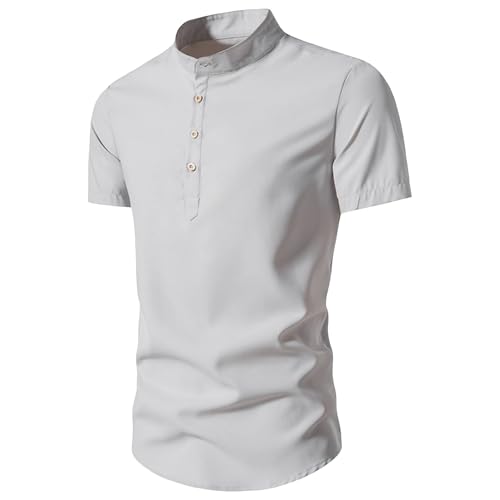 Men Solid Stand Collar Casual Shirt Short Sleeve Business Work Shirts Summer Casual Streetwear Pullover Tops (Light Grey,XX-Large)