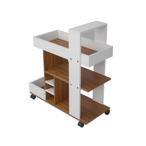 Image of Barista Bar Trolley 3-Tier Engineered Wood Rolling Bar Cart, Wine Serving Cart with Wheels and Seasoning Rack, Ideal for Dining Room Trolley - White and Leon Teak Finish