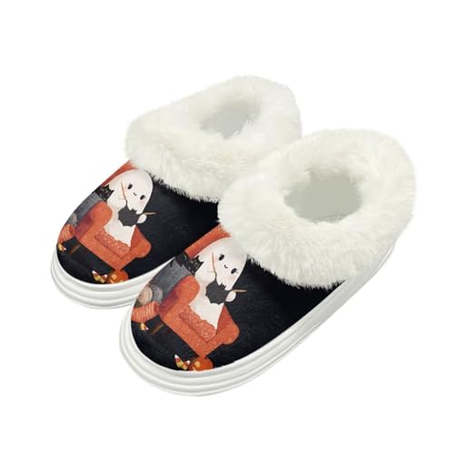 GIFTPUZZ Halloween House Slipper for Women Winter Warm with Fluffy House Shoes Platform Indoor Bedroom Size 5.5-12.5