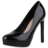  VAN HILL Damen Pumps High Heels Plateau Vorne Schuhe Stiletto Party Absatzschuhe Elegante Partyschuhe Leder-Optik Abendschuhe 212435 Schwarz Lack 37