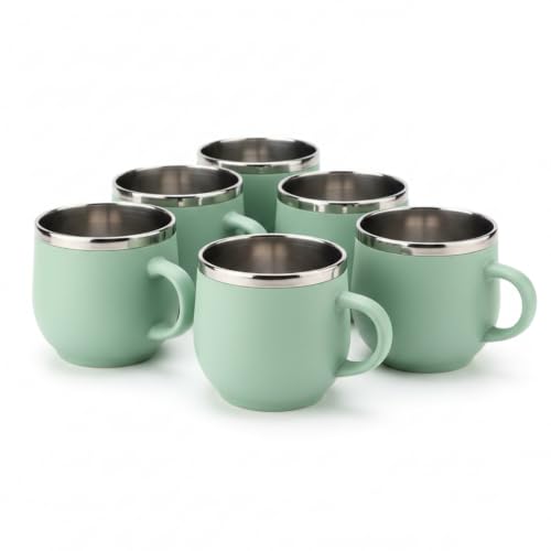 Image of Premium Stainless Steel Cappuccino Cups Set of 6 | 100ml Double Wall Insulated Coffee Mugs | Reusable Espresso & Cappuccino Cups | Stylish Gift Set for Home & Office (Green)
