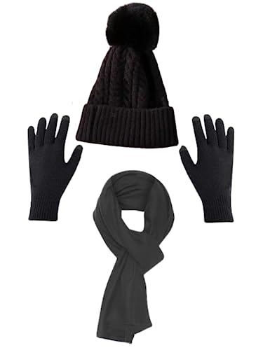 Conjunto de 3 peças de gorro feminino de inverno, gorro touca quente com cachecol e luva (Touca Pret