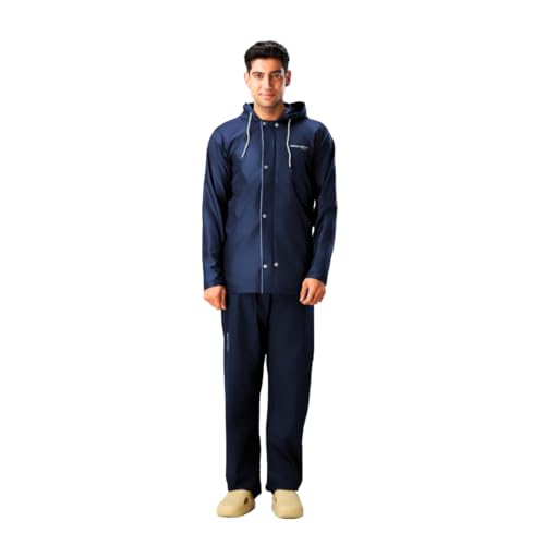 Image of ZEEL Rain Coat For Men with Adjustable Hood, Polyester Waterproof Full Sleeves Raincoat, Top and Bottom Set Rainwear, Front Zip with Flap, Lightweight Raincoat (EWF74, Blue, L)